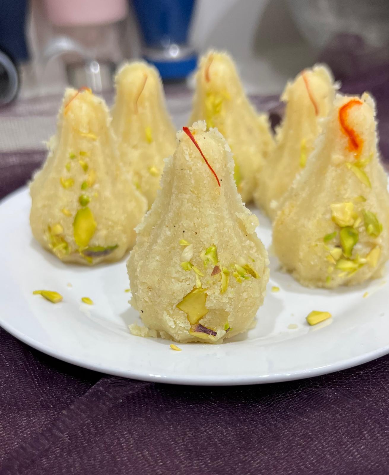 Coconut-coated Indian sweet ladoos - Rava Coconut Modak